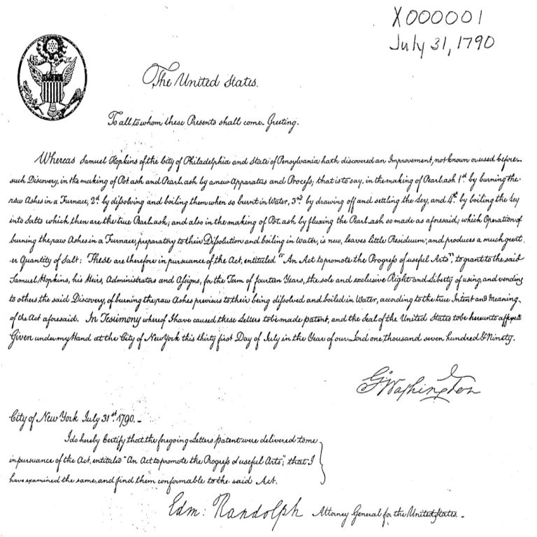 The first U.S. patent was signed by President George Washington