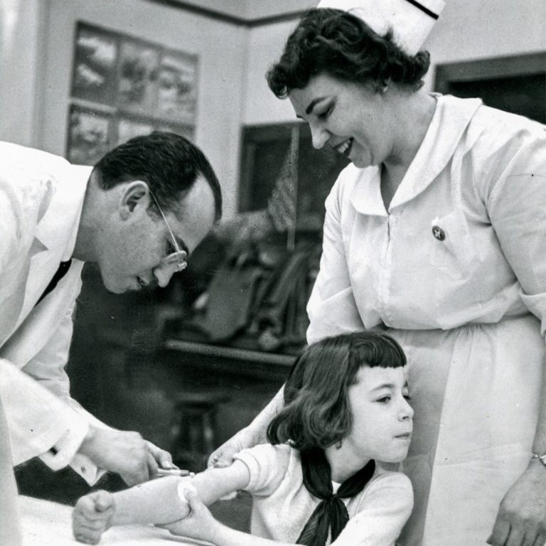 In February, elementary students from five suburban schools were the first to be inoculated with the new Salk Polio vaccine