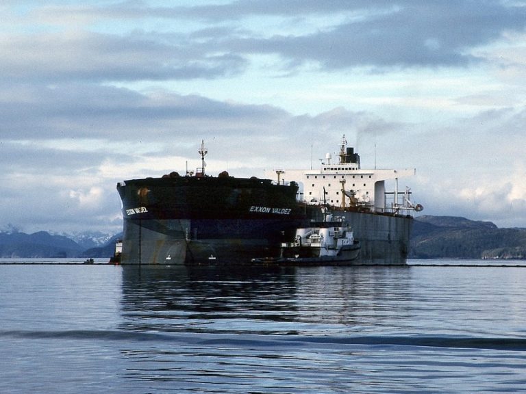 The Exxon tanker Valdez struck an Alaskan reef, causing one of history’s worst oil spills